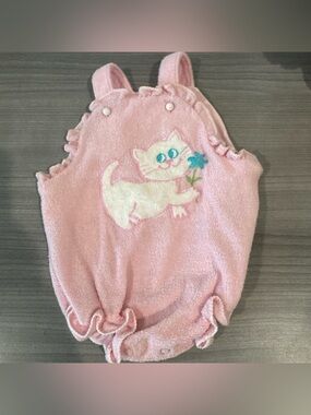 Vintage Girl Terry Cloth Pink Cat Baby Outfit Romper Cute 3-6?